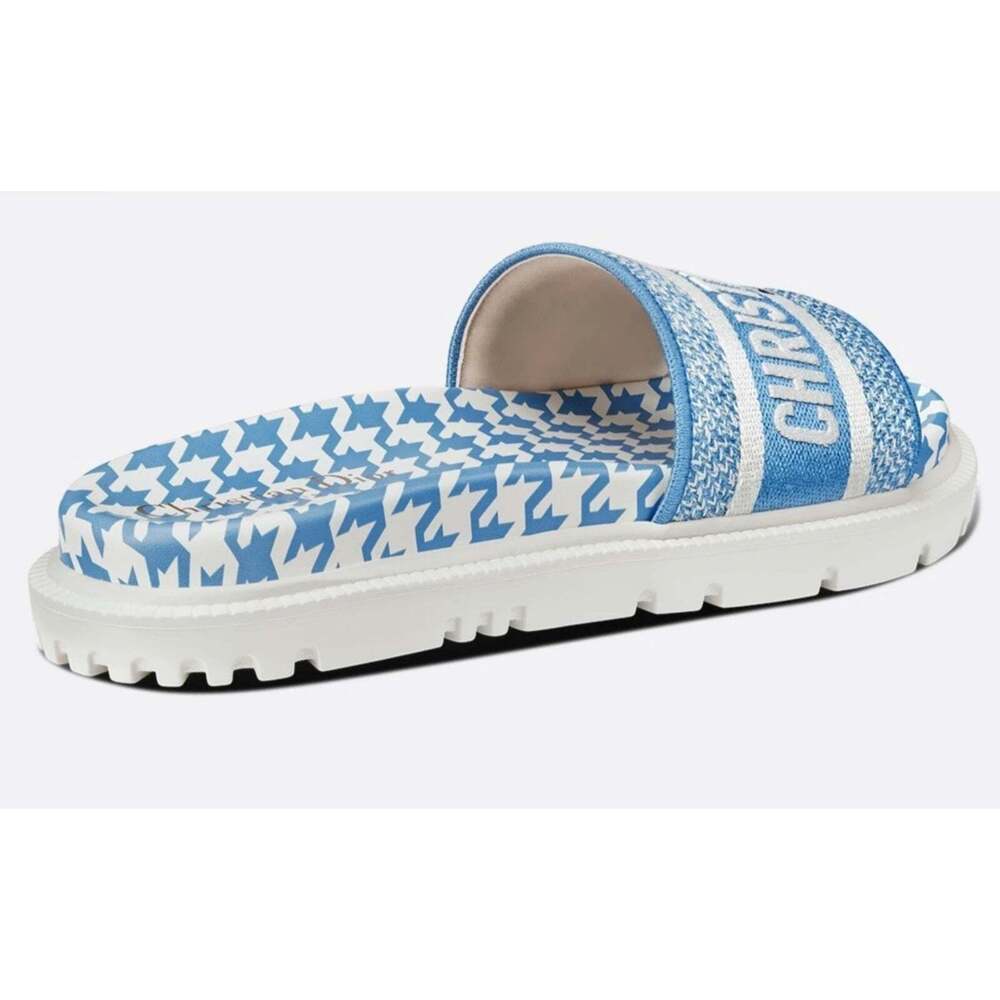 Christian Dior Dway Blue White Logo Houndstooth Slide Mule Flat Flop Sandal 37.5 - Picture 8 of 12